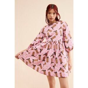 Megan Crosby Babydoll Dress Pink Gingham Cowboy Boots Print Size Large